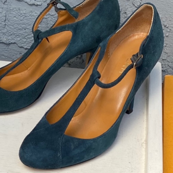 Dark Green Suede T Strap Pumps - Picture 2 of 2